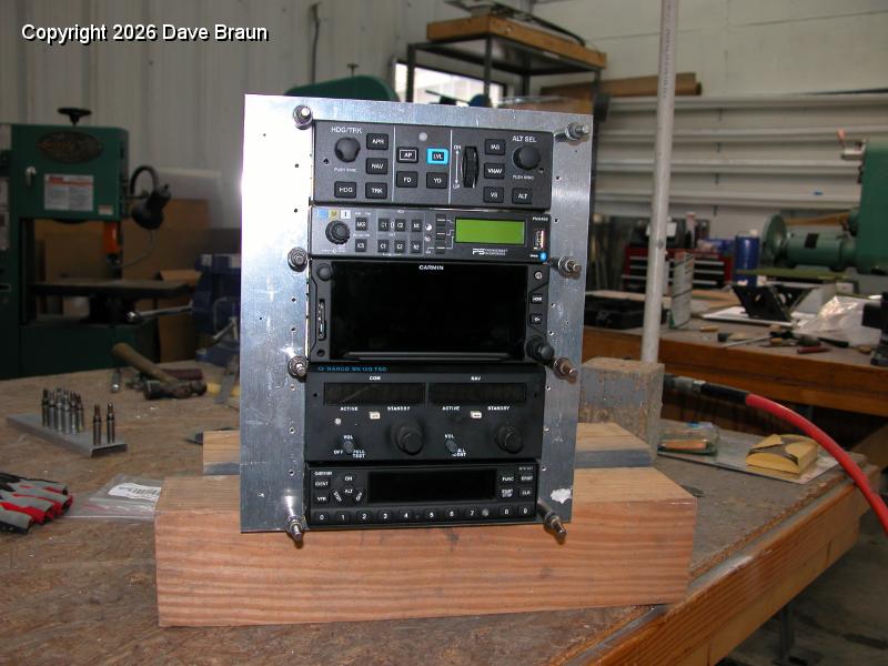 Radio Stack Fit up by Bill Lile 01.JPG - Mock up of radio rack with Autopilot head at the top.