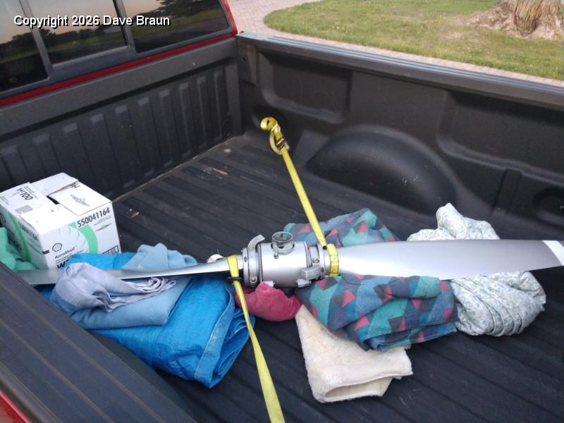 Prop in bed of truck.jpg - Propeller in bed of truck for Diane to take to Anderson Propeller, Ashby, MN