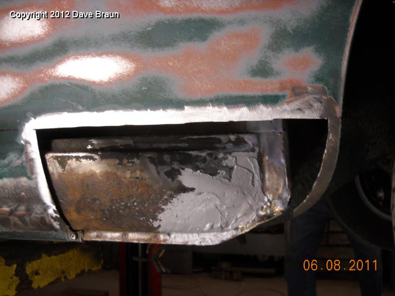 RH metal to metal repair of inner rocker- note brazed in flange for inner shield.jpg - Metal to Metal repair compound on the inner quarter of the RH wing.