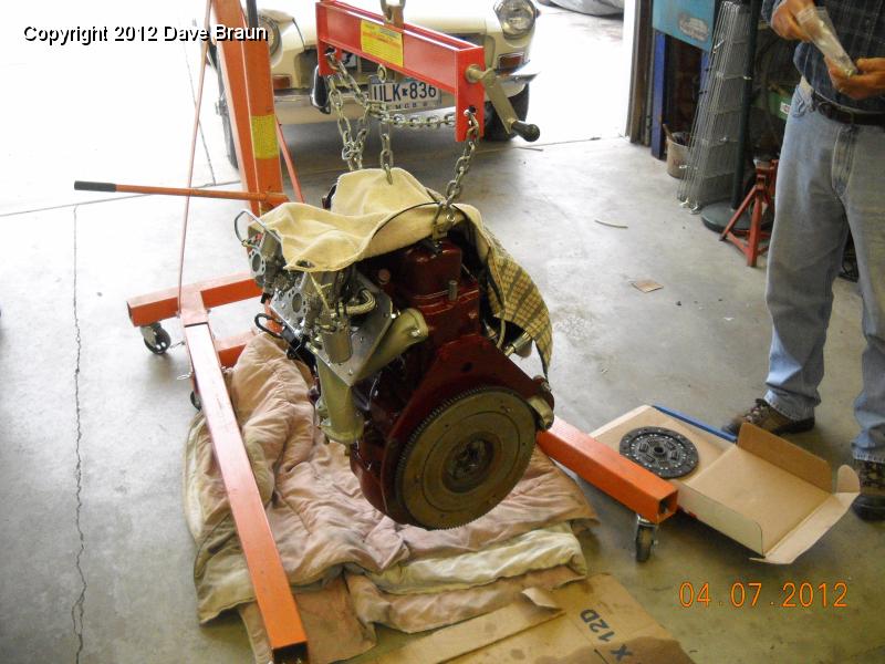 Off hoist and lowered for clutch and gearbox instl  01.jpg - Off engine stand and on hoist. Lowered for clutch and gearbox install 01